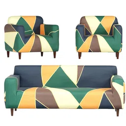 Aura Green & Blue Printed Polyester 3 Piece Sofa Cover With Arms image 3