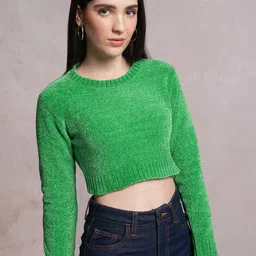 Tokyo Talkies Green Round Neck Acrylic Crop Pullover image 1