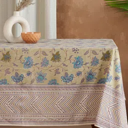 Fabindia Beige & Blue Floral Printed 6 Seater Cotton Table Cover-picture-12