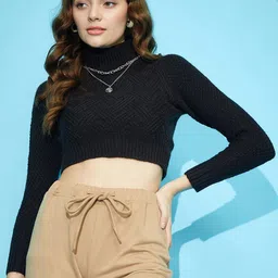 STREET 9 Cable Knit Self Design Turtle Neck Crop Pullover Sweater-picture-36