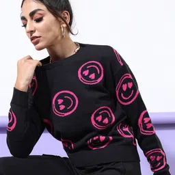 Tokyo Talkies Women Black & Pink Jacquard Acrylic Crop Pullover-picture-41