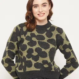 Duke Women Green & Black Self Design Cable Knit Crop Acrylic Pullover-picture-33