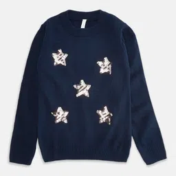 Pantaloons Junior Girls Navy Blue & White Pullover with Embellished Detail-picture-17