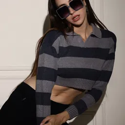 NoBarr Horizontally Striped Lapel Collar Crop Pullover-picture-25