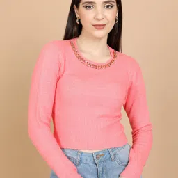 Tokyo Talkies Pink Round Neck Ribbed Acrylic Pullover Sweater-picture-41