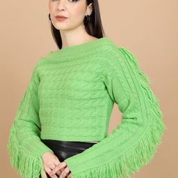 Tokyo Talkies Green Cable Knit Self Design Boat Neck Fringed Acrylic Crop Pullover Sweater-picture-19