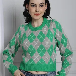 NoBarr Checked Long Sleeves Cropped Acrylic Pullover-picture-23