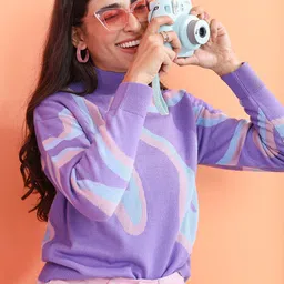 Tokyo Talkies Purple Turtle Neck Jacquard Sweater-image-1