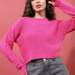 Tokyo Talkies Women Pink Ribbed Crop Sweater Vest-picture-42