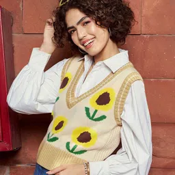 SASSAFRAS Beige & Yellow Floral Printed Woollen Sweater Vest image 2