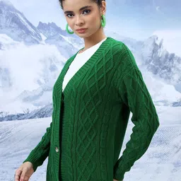 Tokyo Talkies Cable Knit Self Design V-Neck Acrylic Cardigan image 3