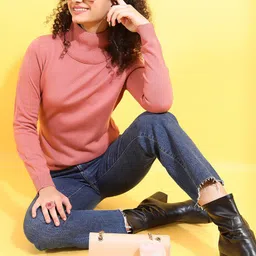 Tokyo Talkies Women Pink Turtle Neck Acrylic Pullover Sweater-image-52
