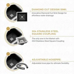 gloton Granite Quartz Single Bowl Kitchen Sink With Drain Rack/Basket with Hose Pipe and Waste Coupling {24x18 Inches} Under Counter Basin image 3