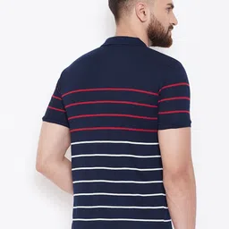 austin wood Men Striped Polo Neck Cotton Blend Navy Blue T-Shirt image 2