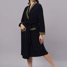 HotGown Navy Blue & Gold Toned Embroidered Pure Micro Terry Bath Robe image 4