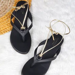 Monrow Women Black & Gold-Toned Monrow Bernice T-Strap Flats with Interchangeable Straps-image-14