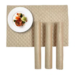 HOMADORN Beige 5 Pieces Quilted Velvet Table Runner With Placemats image 5