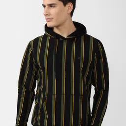 Peter England Casuals Men Black Cotton Striped Hooded Sweatshirt-image-8