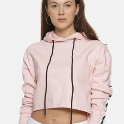 Campus Sutra Women Pink Hooded Crop Sweatshirt-image-5