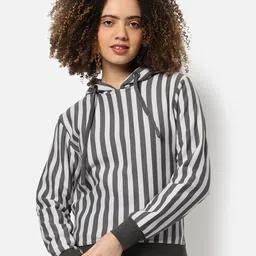 Campus Sutra Women Grey and White Striped Hooded Sweatshirt-picture-19
