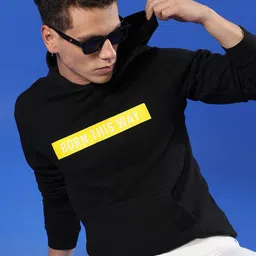 Campus Sutra Typography Printed Kangaroo Pocket Hooded Cotton Pullover Sweatshirt-image-90