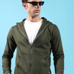 Campus Sutra Green Hooded Cotton Front Open Sweatshirt-picture-37