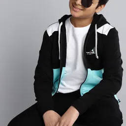Nautica Boys Black & Blue Colourblocked Hooded Pure Cotton Sweatshirt-picture-10