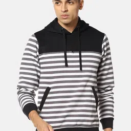 Campus Sutra Men Grey Striped Hooded Sweatshirt-image-1