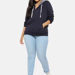 Instafab Plus Women Navy Blue Solid Hooded Sweatshirt image 3