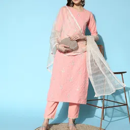 Indo Era Women Peach-Coloured Ethnic Motifs Embroidered Sequinned Kurta Set image 1