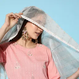 Indo Era Women Peach-Coloured Ethnic Motifs Embroidered Sequinned Kurta Set image 2