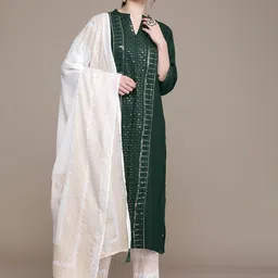 Anouk Women Green Ethnic Motifs Embroidered Regular Kurta with Trousers & With Dupatta image 4