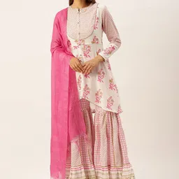 HERE&NOW Women White Floral Printed Kurta with Sharara & With Dupatta image 2