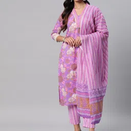 Readiprint Fashions Women Purple Floral Printed Regular Pure Cotton Kurta with Trousers & With Dupatta image 1