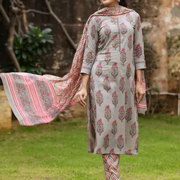 AHIKA Round Neck Floral Printed Kurta With Trousers & Dupatta image 3
