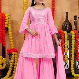 BAESD Girls Sequins Embroidered Georgette Kurta with Sharara And Dupatta-picture-16