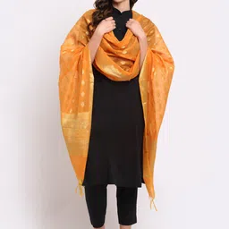 LOOM LEGACY Yellow & Gold-Toned Ethnic Motifs Woven Design Cotton Silk Dupatta with Zari-image-95