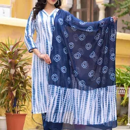 KALINI Shibori Dyed Regular Straight Kurta With Trousers & Dupatta image 1
