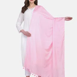 THE WEAVE TRAVELLER Pink Art Silk Dupatta with Pom Pom Edge-image-0