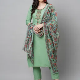gosriki KALINI Women Green Embroidered Thread Work Kurta with Trousers & Dupatta image 1