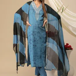 KALINI Floral Embroidered V Neck Regular Straight Kurta With Trousers & Dupatta image 1