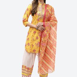 Biba Women Yellow Floral Printed Kurta with Trousers & With Dupatta-picture-5