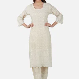 BCZ Style Embroidered Chikankari White Romance Pure Cotton Kurta with Trousers-image-34