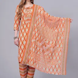 HIGHLIGHT FASHION EXPORT Geometric Printed Tie Up Pure Cotton Kurta With Trouser & Dupatta-image-6