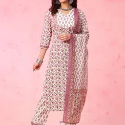 Anouk White Floral Printed V-Neck Pure Cotton Straight Kurta with Trousers & Dupatta-image-23