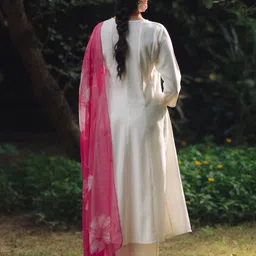 anayna V-Neck Panelled Silk Anarkali Kurta with Trousers & Dupatta image 2