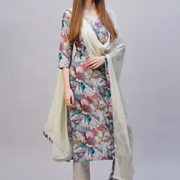 gosriki KALINI Floral Printed V-Neck Straight Kurta with Trousers & Dupatta image 4