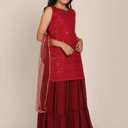 Bitiya by Bhama Girls Maroon Embroidered Kurti with Sharara & With Dupatta image 4
