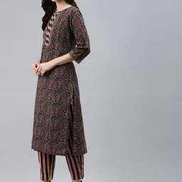 Vbuyz Women Brown & Black Ethnic Motifs Printed Pure Cotton Kurta with Trousers & Dupatta image 3