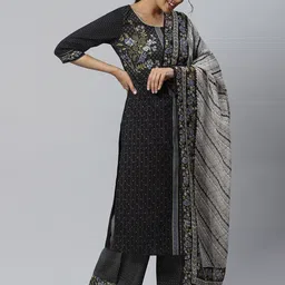 AURELIA Women Black Floral Printed Chanderi Cotton Kurti with Trousers & With Dupatta image 5